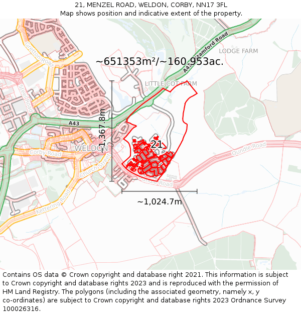 21, MENZEL ROAD, WELDON, CORBY, NN17 3FL: Plot and title map