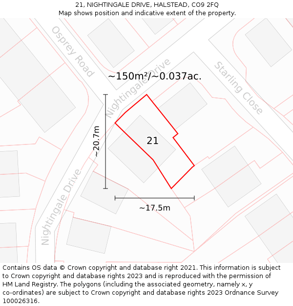 21, NIGHTINGALE DRIVE, HALSTEAD, CO9 2FQ: Plot and title map