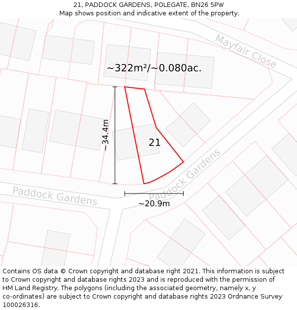 21, PADDOCK GARDENS, POLEGATE, BN26 5PW: Plot and title map