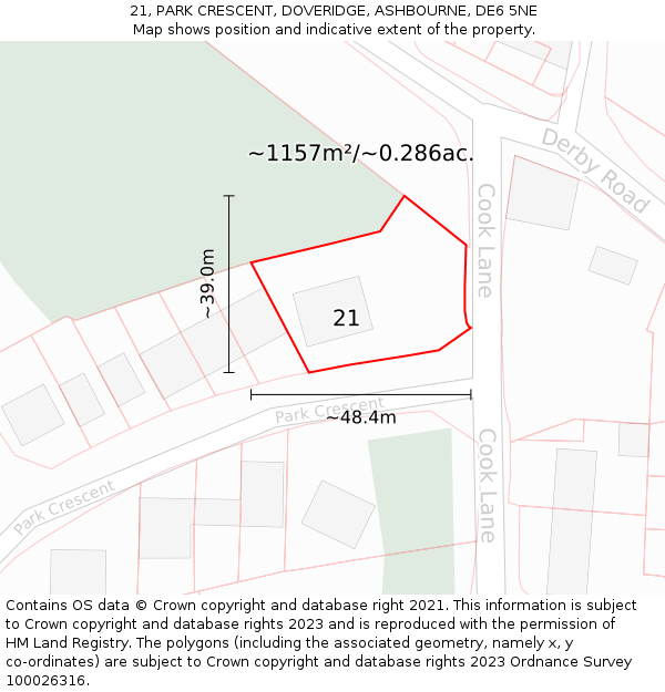 21, PARK CRESCENT, DOVERIDGE, ASHBOURNE, DE6 5NE: Plot and title map