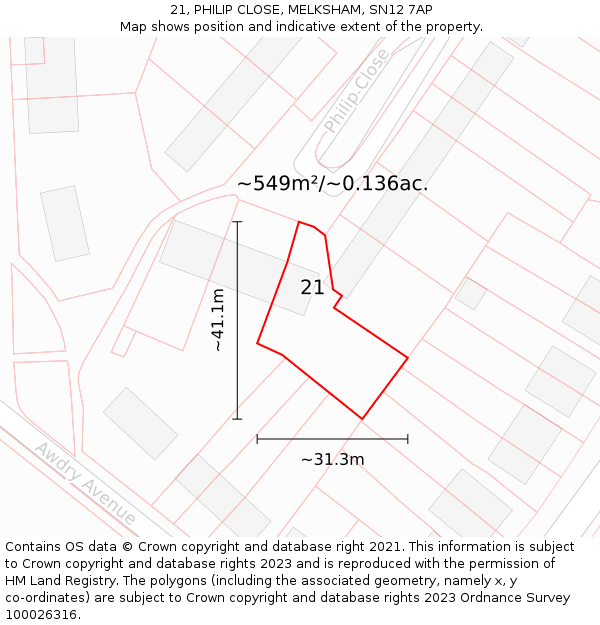 21, PHILIP CLOSE, MELKSHAM, SN12 7AP: Plot and title map