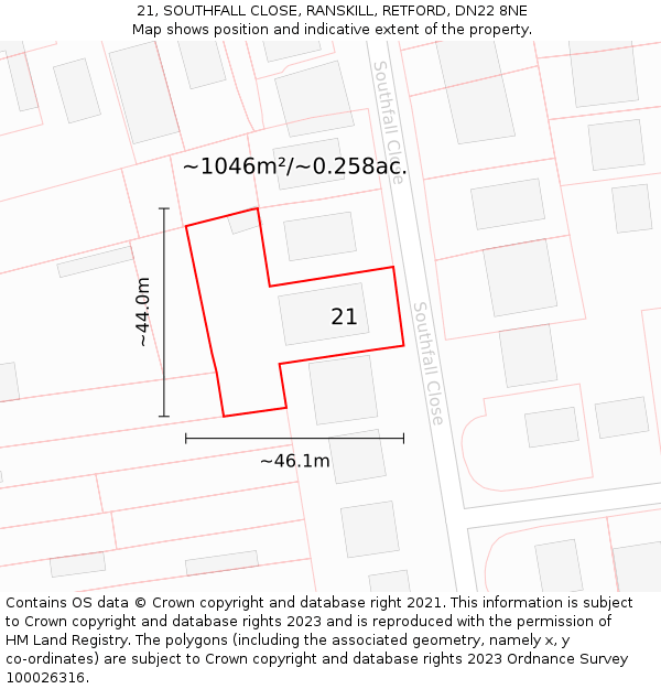 21, SOUTHFALL CLOSE, RANSKILL, RETFORD, DN22 8NE: Plot and title map
