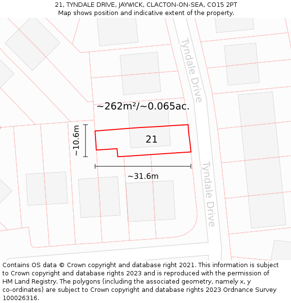 21, TYNDALE DRIVE, JAYWICK, CLACTON-ON-SEA, CO15 2PT: Plot and title map