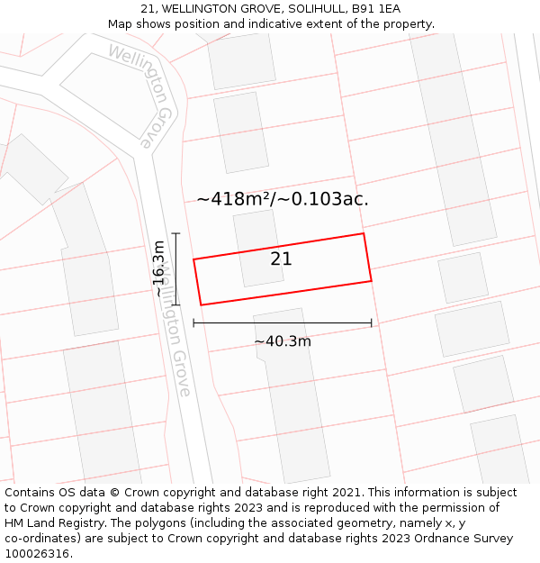 21, WELLINGTON GROVE, SOLIHULL, B91 1EA: Plot and title map