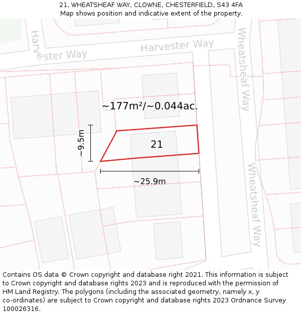 21, WHEATSHEAF WAY, CLOWNE, CHESTERFIELD, S43 4FA: Plot and title map