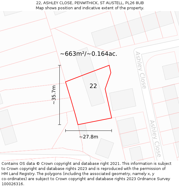 22, ASHLEY CLOSE, PENWITHICK, ST AUSTELL, PL26 8UB: Plot and title map