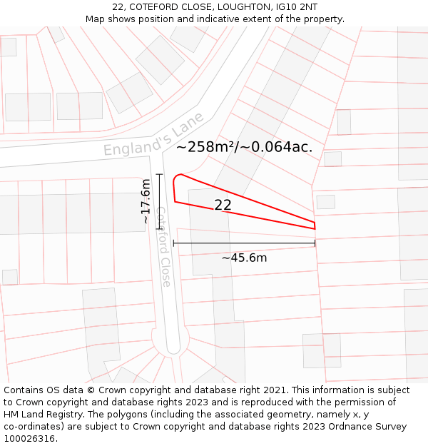 22, COTEFORD CLOSE, LOUGHTON, IG10 2NT: Plot and title map