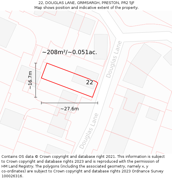 22, DOUGLAS LANE, GRIMSARGH, PRESTON, PR2 5JF: Plot and title map