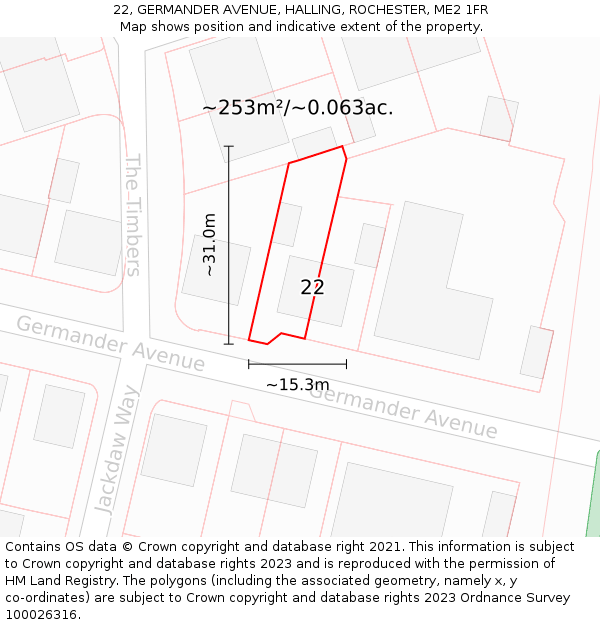 22, GERMANDER AVENUE, HALLING, ROCHESTER, ME2 1FR: Plot and title map