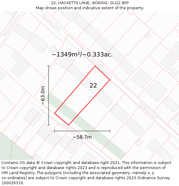 22, HACKETTS LANE, WOKING, GU22 8PP: Plot and title map