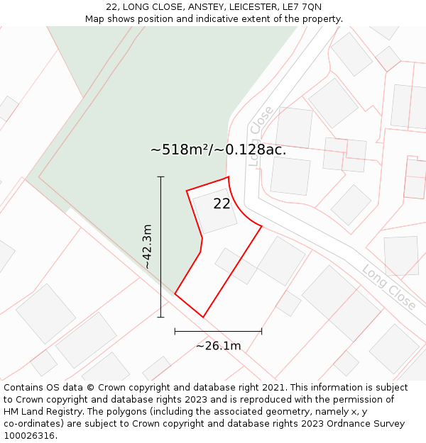 22, LONG CLOSE, ANSTEY, LEICESTER, LE7 7QN: Plot and title map