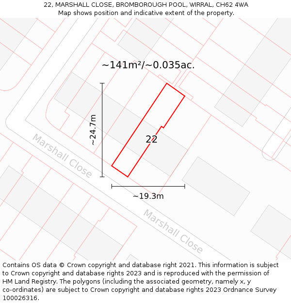 22, MARSHALL CLOSE, BROMBOROUGH POOL, WIRRAL, CH62 4WA: Plot and title map