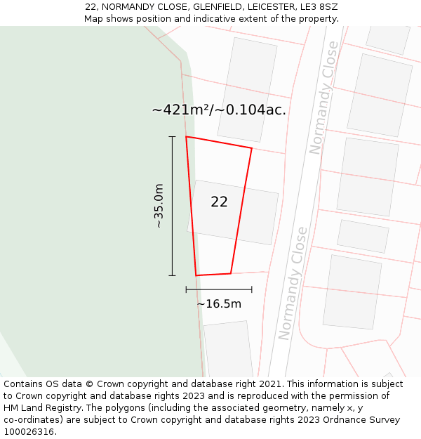 22, NORMANDY CLOSE, GLENFIELD, LEICESTER, LE3 8SZ: Plot and title map
