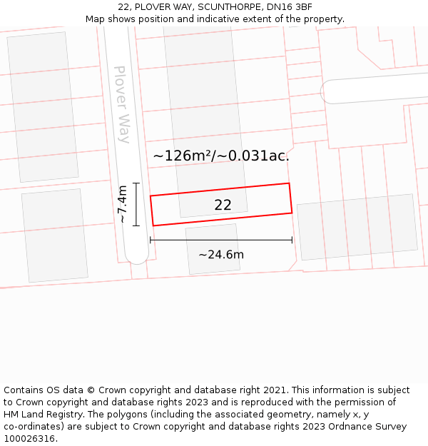 22, PLOVER WAY, SCUNTHORPE, DN16 3BF: Plot and title map