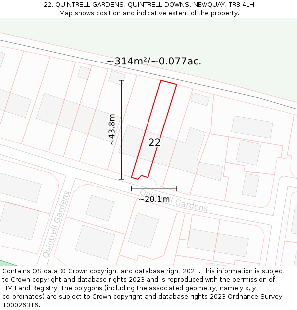 22, QUINTRELL GARDENS, QUINTRELL DOWNS, NEWQUAY, TR8 4LH: Plot and title map