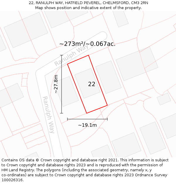 22, RANULPH WAY, HATFIELD PEVEREL, CHELMSFORD, CM3 2RN: Plot and title map