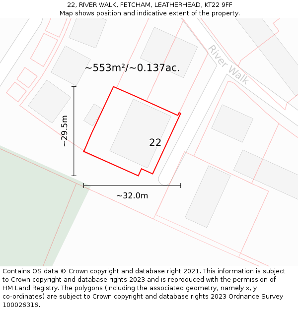 22, RIVER WALK, FETCHAM, LEATHERHEAD, KT22 9FF: Plot and title map
