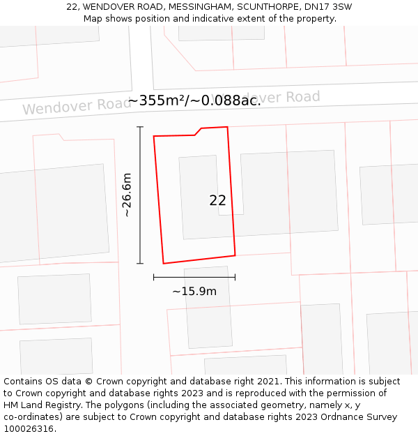 22, WENDOVER ROAD, MESSINGHAM, SCUNTHORPE, DN17 3SW: Plot and title map
