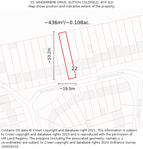 22, WINDERMERE DRIVE, SUTTON COLDFIELD, B74 3LD: Plot and title map