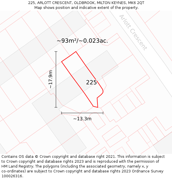 225, ARLOTT CRESCENT, OLDBROOK, MILTON KEYNES, MK6 2QT: Plot and title map
