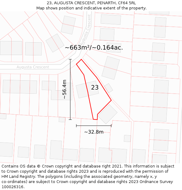 23, AUGUSTA CRESCENT, PENARTH, CF64 5RL: Plot and title map