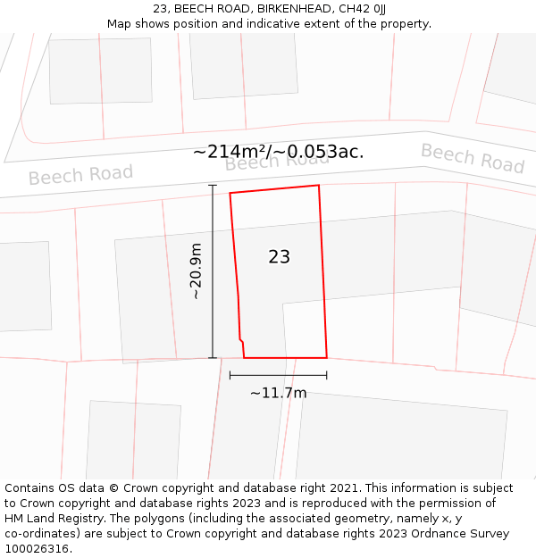 23, BEECH ROAD, BIRKENHEAD, CH42 0JJ: Plot and title map