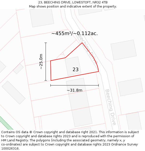 23, BEECHING DRIVE, LOWESTOFT, NR32 4TB: Plot and title map