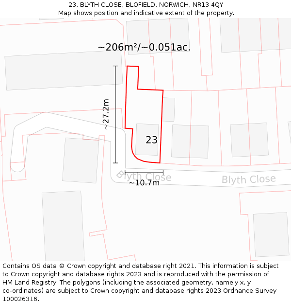 23, BLYTH CLOSE, BLOFIELD, NORWICH, NR13 4QY: Plot and title map