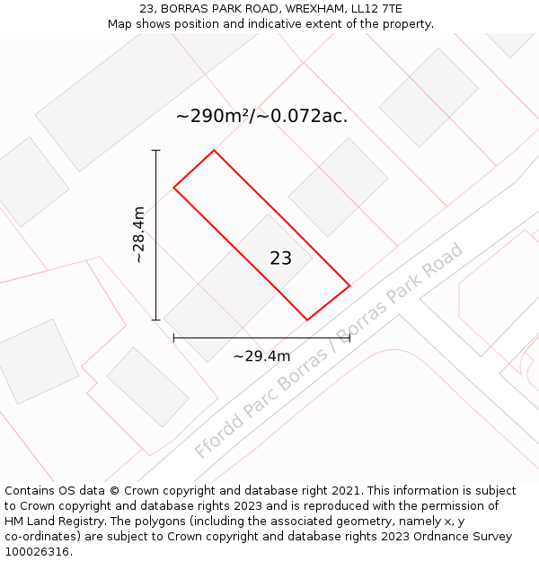 23, BORRAS PARK ROAD, WREXHAM, LL12 7TE: Plot and title map