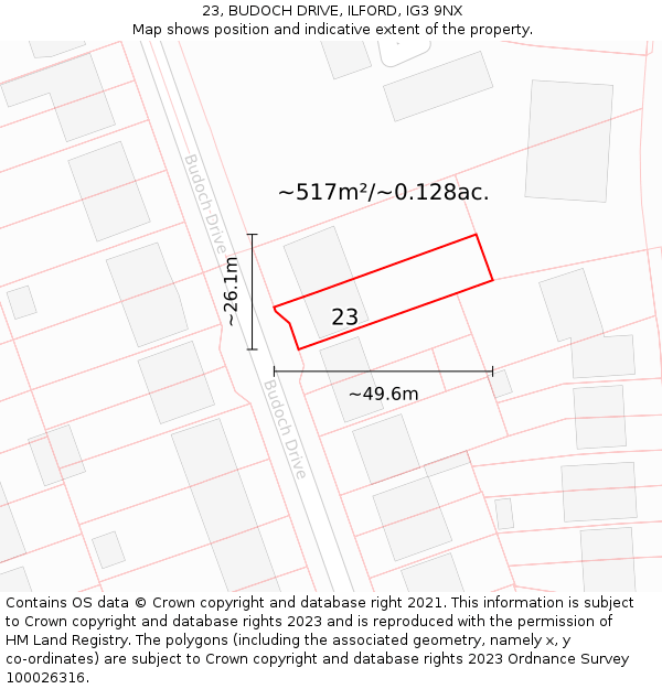 23, BUDOCH DRIVE, ILFORD, IG3 9NX: Plot and title map