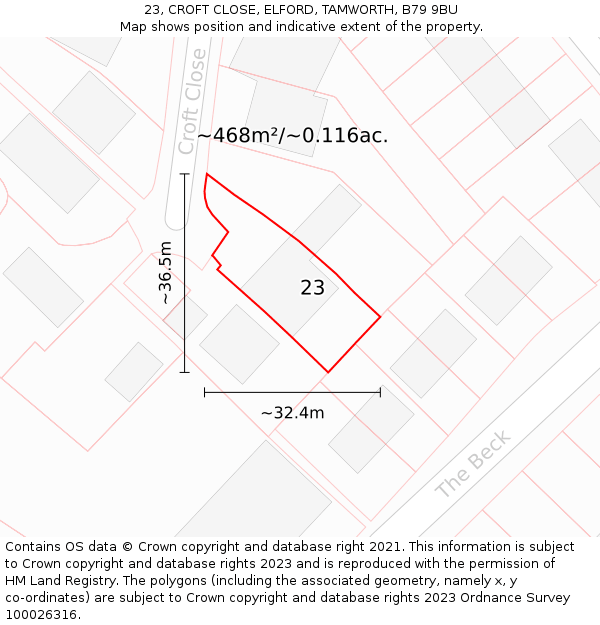 23, CROFT CLOSE, ELFORD, TAMWORTH, B79 9BU: Plot and title map