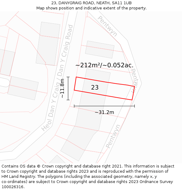 23, DANYGRAIG ROAD, NEATH, SA11 1UB: Plot and title map
