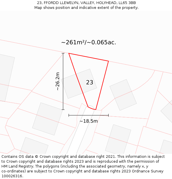 23, FFORDD LLEWELYN, VALLEY, HOLYHEAD, LL65 3BB: Plot and title map