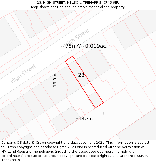 23, HIGH STREET, NELSON, TREHARRIS, CF46 6EU: Plot and title map
