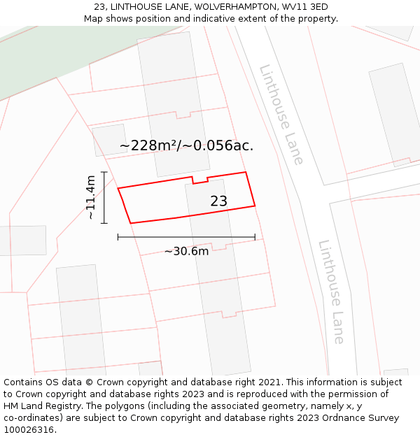 23, LINTHOUSE LANE, WOLVERHAMPTON, WV11 3ED: Plot and title map