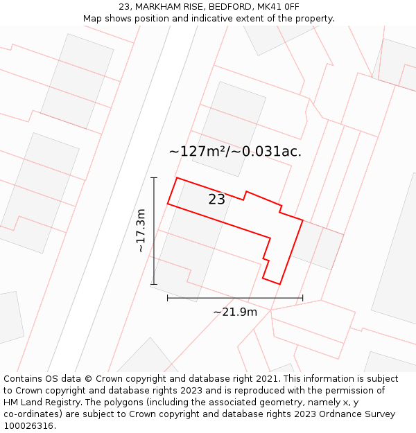 23, MARKHAM RISE, BEDFORD, MK41 0FF: Plot and title map