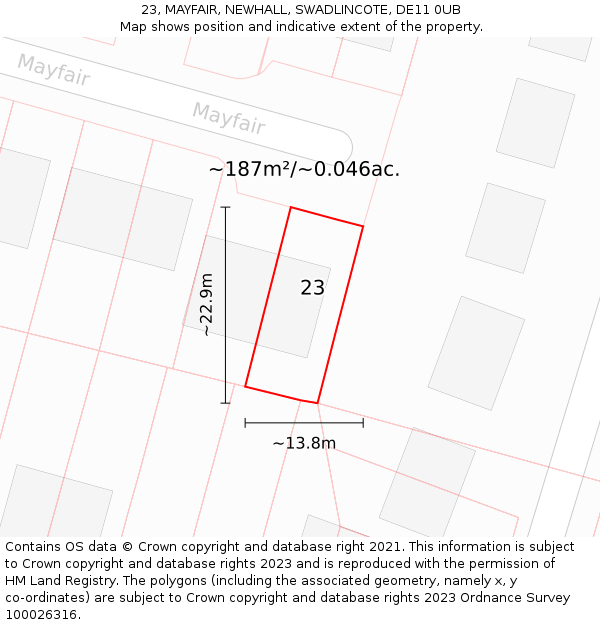 23, MAYFAIR, NEWHALL, SWADLINCOTE, DE11 0UB: Plot and title map