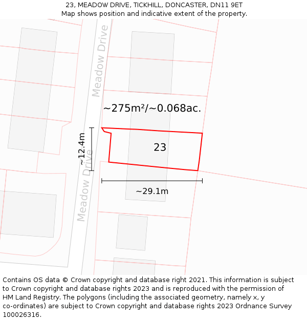 23, MEADOW DRIVE, TICKHILL, DONCASTER, DN11 9ET: Plot and title map