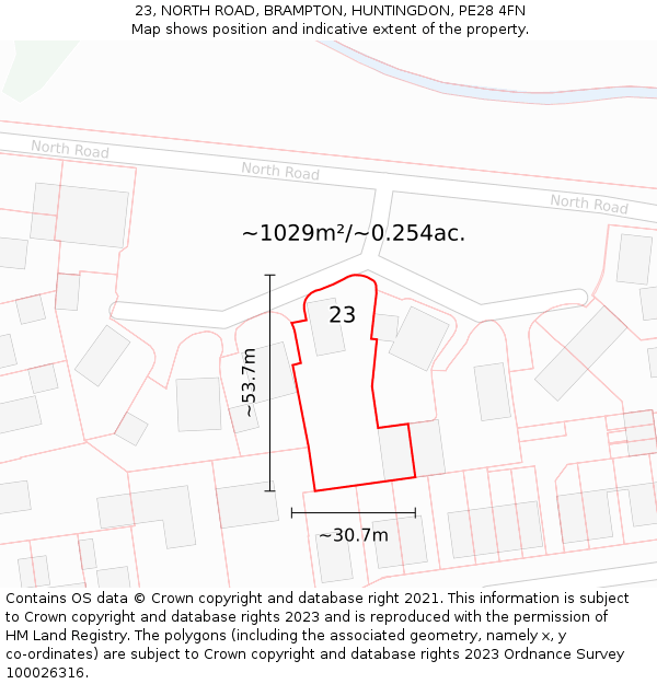 23, NORTH ROAD, BRAMPTON, HUNTINGDON, PE28 4FN: Plot and title map