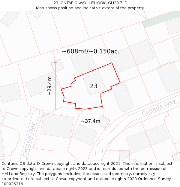 23, ONTARIO WAY, LIPHOOK, GU30 7LD: Plot and title map