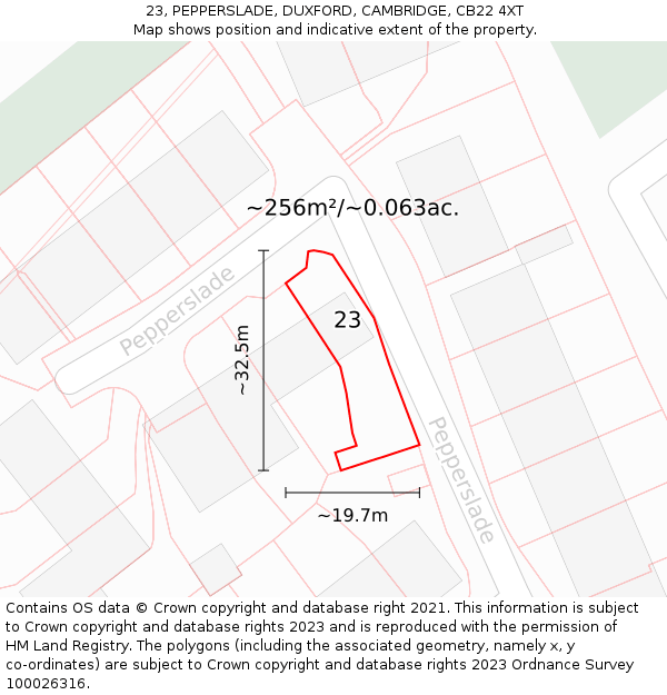 23, PEPPERSLADE, DUXFORD, CAMBRIDGE, CB22 4XT: Plot and title map