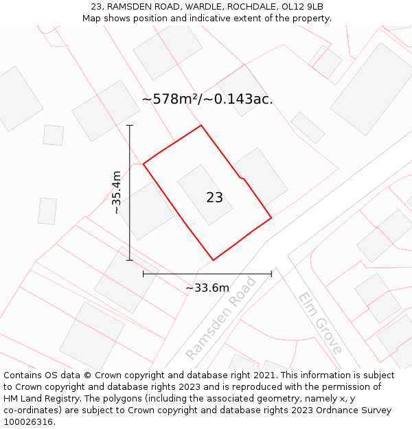 23, RAMSDEN ROAD, WARDLE, ROCHDALE, OL12 9LB: Plot and title map