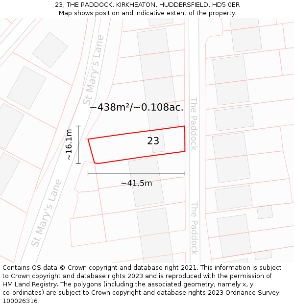 23, THE PADDOCK, KIRKHEATON, HUDDERSFIELD, HD5 0ER: Plot and title map