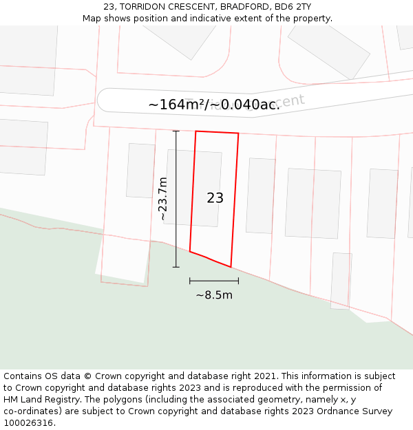 23, TORRIDON CRESCENT, BRADFORD, BD6 2TY: Plot and title map