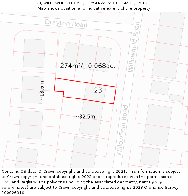 23, WILLOWFIELD ROAD, HEYSHAM, MORECAMBE, LA3 2HF: Plot and title map