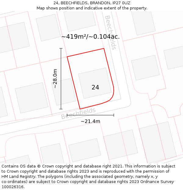 24, BEECHFIELDS, BRANDON, IP27 0UZ: Plot and title map
