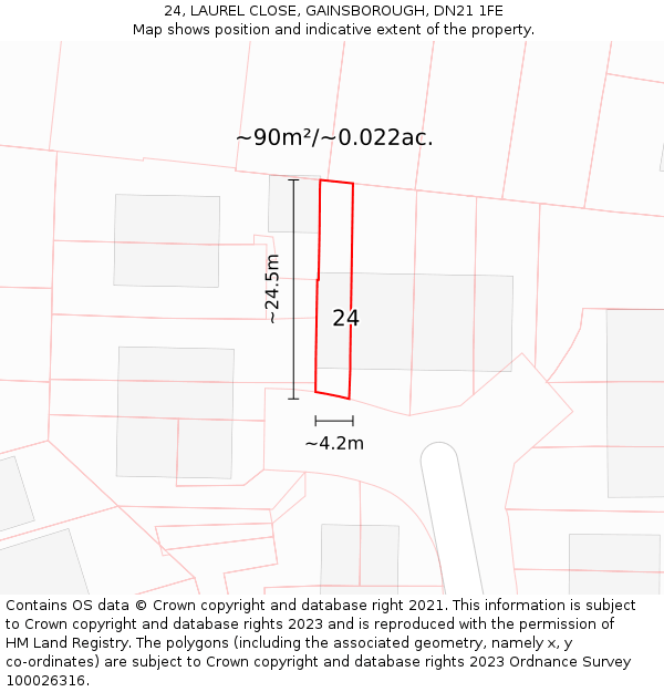 24, LAUREL CLOSE, GAINSBOROUGH, DN21 1FE: Plot and title map