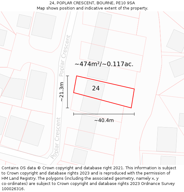 24, POPLAR CRESCENT, BOURNE, PE10 9SA: Plot and title map