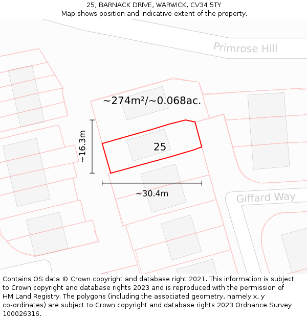 25, BARNACK DRIVE, WARWICK, CV34 5TY: Plot and title map