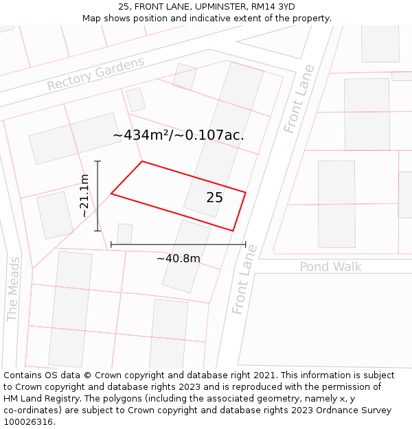 25, FRONT LANE, UPMINSTER, RM14 3YD: Plot and title map